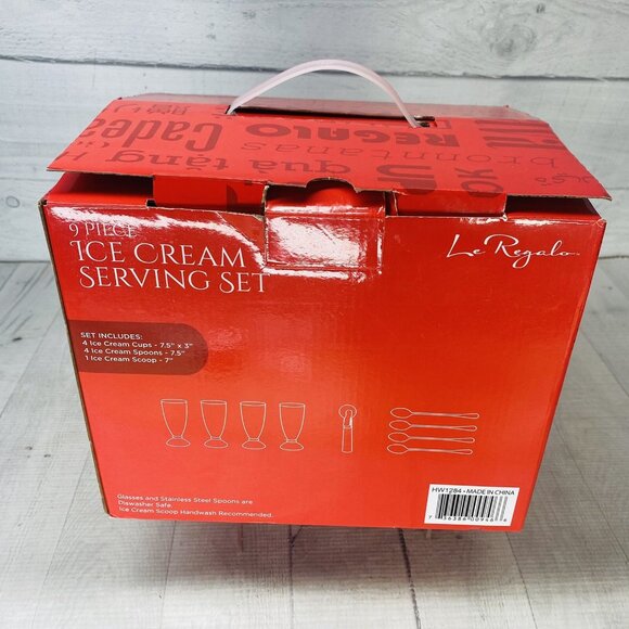 Le Regalo 9 Pieces Ice Cream 4 Glasses And Spoon Plus 1 Scoop Serving Set NEW - Picture 3 of 15